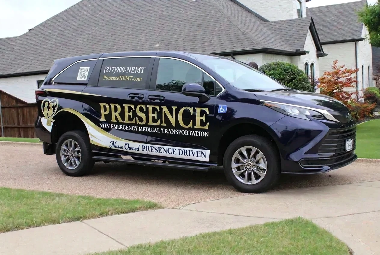 Presence NEMT van parked in a residential driveway
