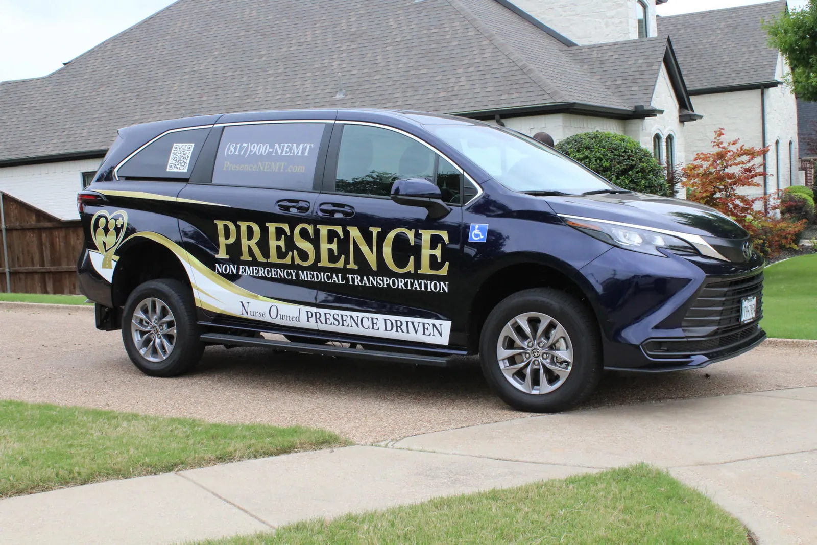 Presence NEMT van parked in a residential driveway